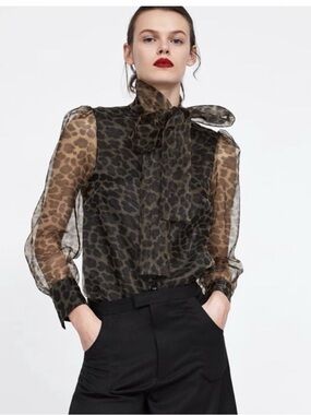 ZARA Sheer Leopard Print Tie-Neck Blouse with lining